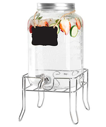 Outdoor Glass Beverage Dispenser with Sturdy Metal Base & Stainless Steel Spigot -2 Gallon Drink Dispenser for Lemonade, Tea, Cold Water & More