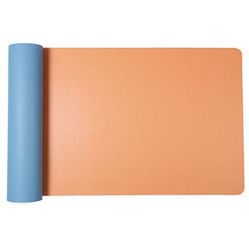 Office Desk Mat, Double Sided Dark Blue & Tan - Large 47 x 23 Inch Leather Style Computer Pad for Desk