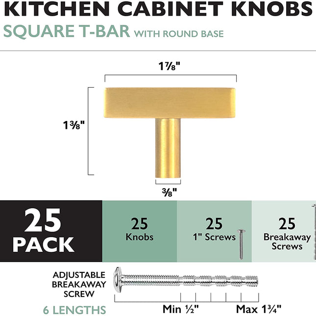 Brushed Gold Kitchen Cabinet Knobs, 25 Pack - Square T-Knob Drawer Pull Handle Hardware