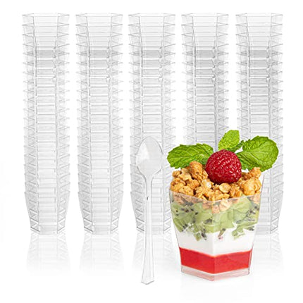 Ilyapa 100 Mini Plastic Dessert Cups with Spoons - 4 oz Pentagon Shooters