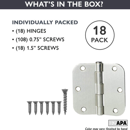 Ilyapa 18 Pack Brushed Nickel Door Hinges for Doors, 3.5 x 3.5 Inch Interior Satin Nickel Door Hinges Door Hardware, for Doors 3 1/2 Inches, with 5/8 Inch Radius Corners
