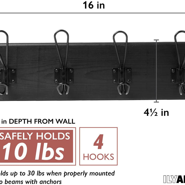 Wall Mounted Coat Rack - Rustic Wooden 4 Hook, Distressed Black Wood