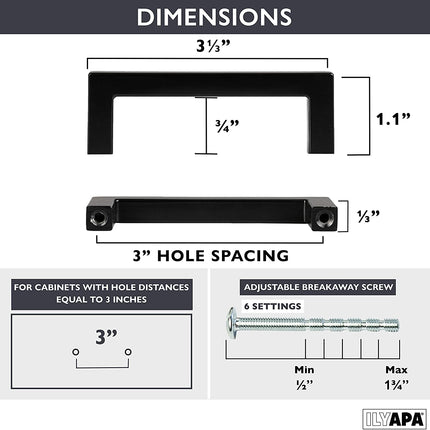 Black Cabinet Handles - 3 Inch Hole Center Modern Squared Drawer Pulls - 25 Pack of Kitchen Cabinet Hardware
