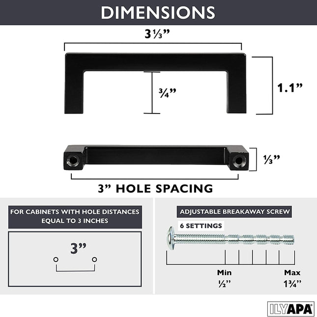 Black Cabinet Handles - 3 Inch Hole Center Modern Squared Drawer Pulls - 25 Pack of Kitchen Cabinet Hardware