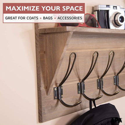 Wall Mounted Coat Rack with Shelf - 27 Inch Rustic Wooden 6 Hook Coat Hanger Rail, Distressed Wood, Black Metal Hooks