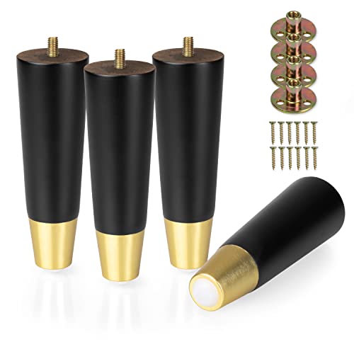 Ilyapa Wooden Furniture Legs Gold Footing - Set of 4 Black 6 Inch Tapered Replacement Furniture Leg for Sofas, Chairs, Loveseats, Ottoman, Dressers, End Tables