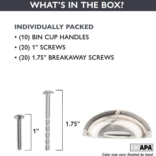 Satin Nickel Kitchen Cabinet Pulls - 3 Inch Hole Center Industrial Design Bin Cup Drawer Handles - 10 Pack of Kitchen Cabinet Hardware