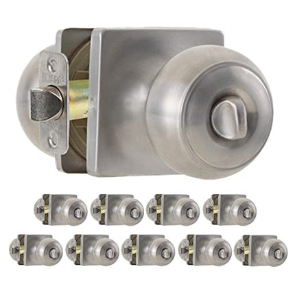 Ilyapa Privacy Door Knob for Bed/Bath - Square Round, Satin Nickel Interior Keyless Turn Thumb Locking Round Door Handle, Satin Nickel 10 Pack