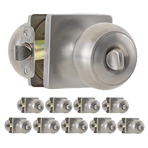 Ilyapa Privacy Door Knob for Bed/Bath - Square Round, Satin Nickel Interior Keyless Turn Thumb Locking Round Door Handle, Satin Nickel 10 Pack