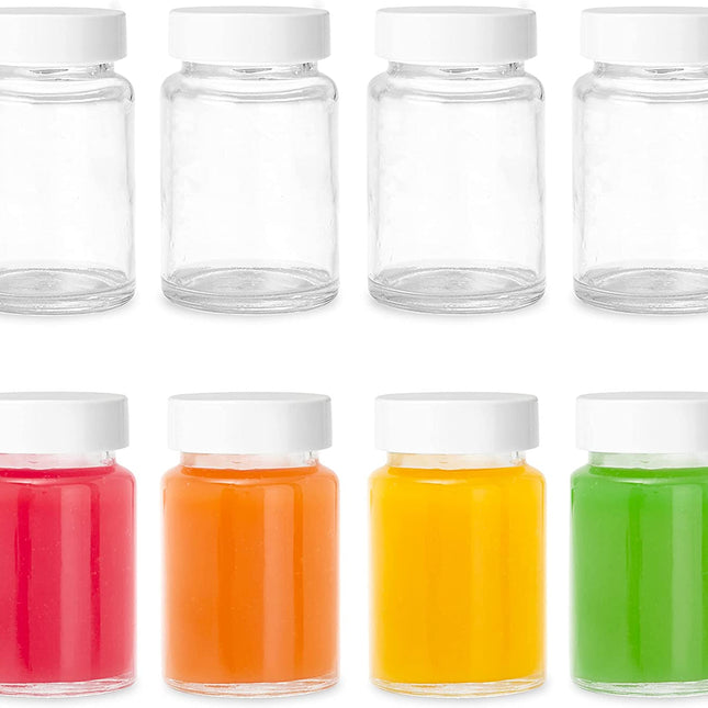 Ilyapa Glass Juice Shot Bottles Pack of 8 - 4oz On The Go Beverage Storage Container with White Cap, Reusable, Leak Proof