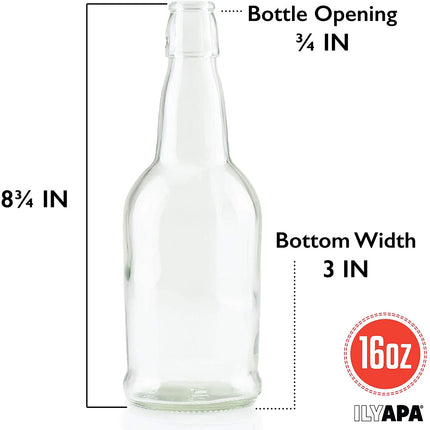 Ilyapa 16 Ounce Clear Glass Beer Bottles for Home Brewing - 6 Pack with Airtight Rubber Seal Flip Caps