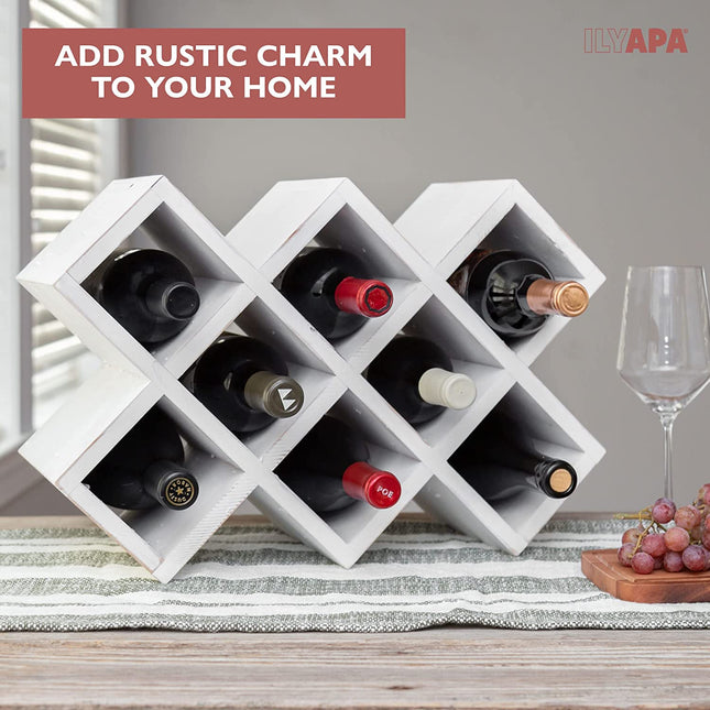 Ilyapa 8-Bottle Countertop Wine Rack - Rustic Weathered White Wood Wine Bottle Holder
