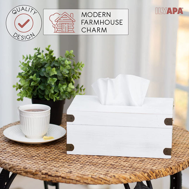 Ilyapa 10 x 6 Rustic Tissue Box Holder - Hinged Lid Tissue Dispenser for Bathroom Living Room Bedroom - White Weathered Wood