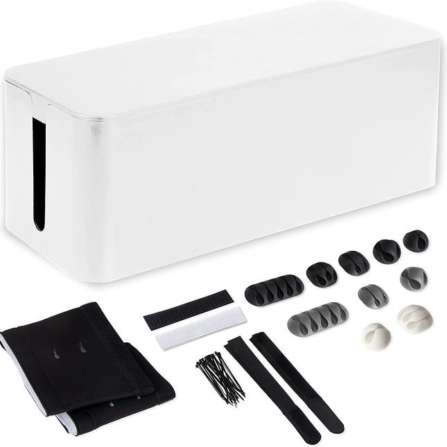 Cable Management Box - Cord Organizer for Wires, Power Strips - Includes Cable Sleeve, Hook and Loop Strap, Zip Ties, Clips - White Plastic