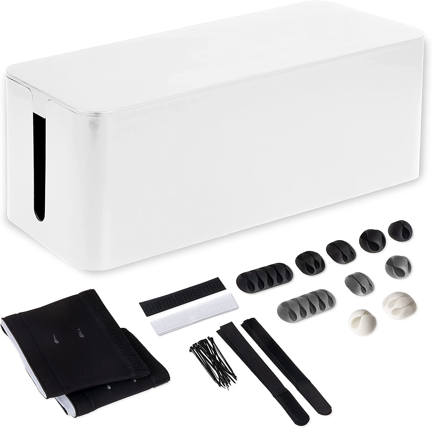 Cable Management Box - Cord Organizer for Wires, Power Strips - Includes Cable Sleeve, Hook and Loop Strap, Zip Ties, Clips - White Plastic