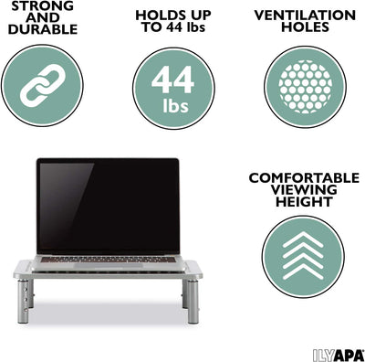 Adjustable Mesh Monitor Stand 2 Pack - Silver Height Adjustable Vented Metal Desktop Risers for Computer Monitors, Laptop, Printer, TV & More