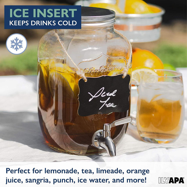 Outdoor Glass Beverage Dispenser with Stainless Steel Spigot, Ice Cylinder & Hanging Chalkboard - 1 Gallon Drink Dispenser for Lemonade, Tea, Cold Water & More