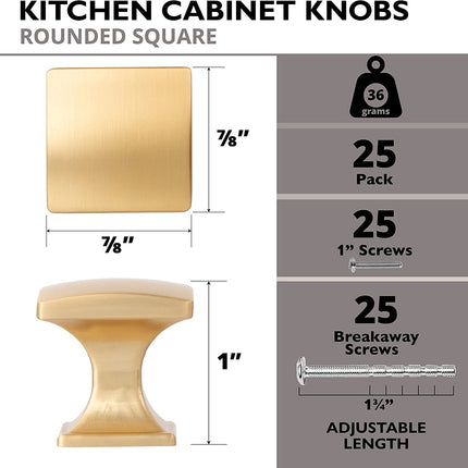 Ilyapa Rounded Square Cabinet Knob, Gold 25 Pack 1 inch Kitchen Cabinet Knob Drawer Pull Handle Hardware