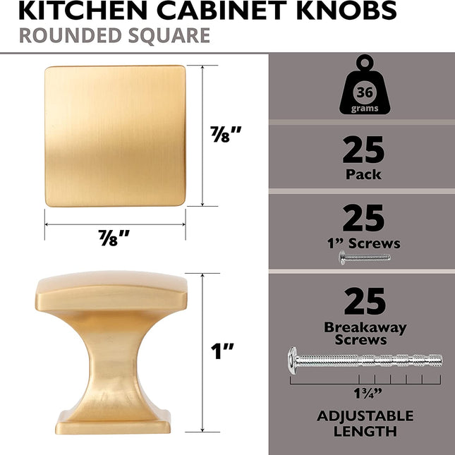 Ilyapa Rounded Square Cabinet Knob, Gold 25 Pack 1 inch Kitchen Cabinet Knob Drawer Pull Handle Hardware