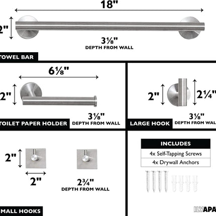 Ilyapa 3 Piece Silver Wall Mounted Bathroom Hardware Set - Towel Bar, 1 Big Hook, 2 Small Hooks, Toilet Paper Holder, with Mounting Hardware