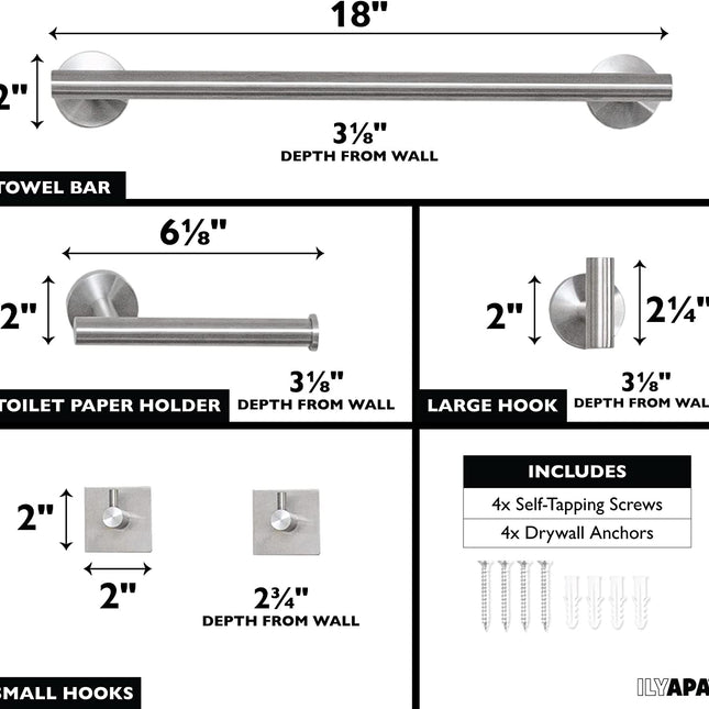 Ilyapa 3 Piece Silver Wall Mounted Bathroom Hardware Set - Towel Bar, 1 Big Hook, 2 Small Hooks, Toilet Paper Holder, with Mounting Hardware