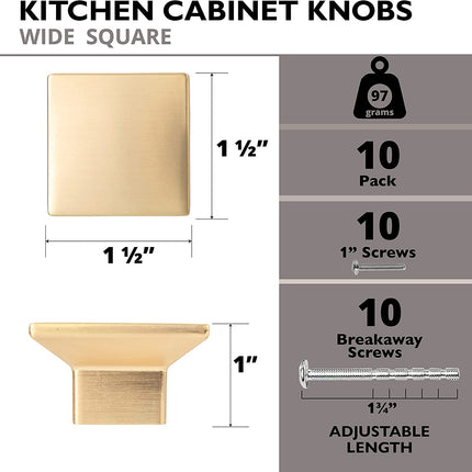 Ilyapa Wide Square Cabinet Knob, Gold 10 Pack 1 inch Kitchen Cabinet Knob Drawer Pull Handle Hardware