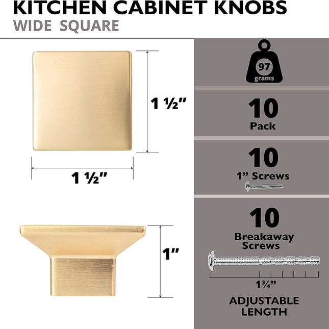 Ilyapa Wide Square Cabinet Knob, Gold 10 Pack 1 inch Kitchen Cabinet Knob Drawer Pull Handle Hardware