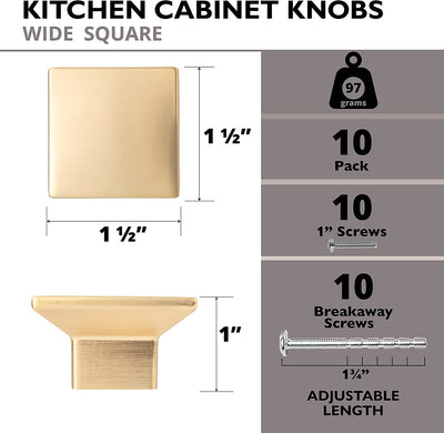 Ilyapa Wide Square Cabinet Knob, Gold 10 Pack 1 inch Kitchen Cabinet Knob Drawer Pull Handle Hardware
