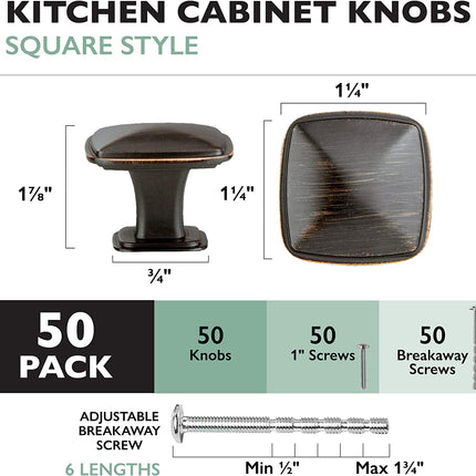 Ilyapa Oil Rubbed Bronze Square Kitchen Cabinet Knobs - 50 Pack of Drawer Handles Hardware