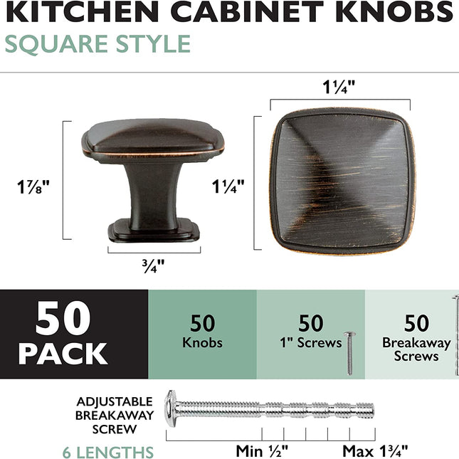 Ilyapa Oil Rubbed Bronze Square Kitchen Cabinet Knobs - 50 Pack of Drawer Handles Hardware