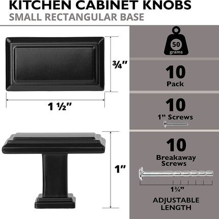 Ilyapa Rectangular Stepped Cabinet Knob, Black 10 Pack 1 inch Kitchen Cabinet Knob Drawer Pull Handle Hardware