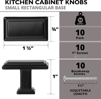 Ilyapa Rectangular Stepped Cabinet Knob, Black 10 Pack 1 inch Kitchen Cabinet Knob Drawer Pull Handle Hardware