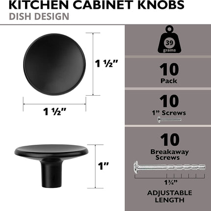 Ilyapa Modern Round Concave Cabinet Knob, Black 10 Pack 1 inch Kitchen Cabinet Knob Drawer Pull Handle Hardware