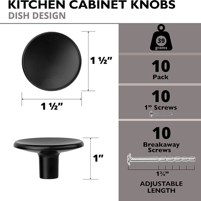 Ilyapa Modern Round Concave Cabinet Knob, Black 10 Pack 1 inch Kitchen Cabinet Knob Drawer Pull Handle Hardware