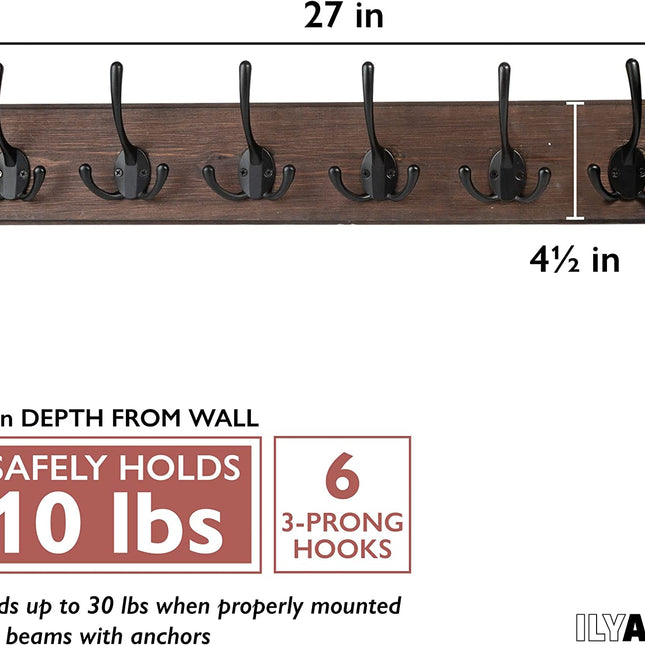 Ilyapa Wall Mounted Coat Rack, Espresso Wooden Coat Hook Rail - 27" with 6 Tri Hooks
