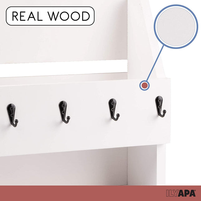 Ilyapa Rustic White Wooden Key and Mail Holder with Shelf - Wall Mounted
