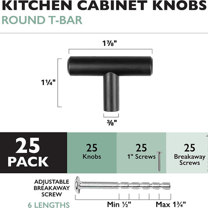 Black Kitchen Cabinet Knobs, 25 Pack - T-Knob Drawer Pull Handle Hardware