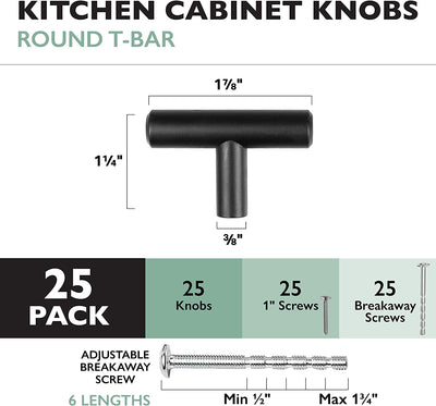 Black Kitchen Cabinet Knobs, 25 Pack - T-Knob Drawer Pull Handle Hardware