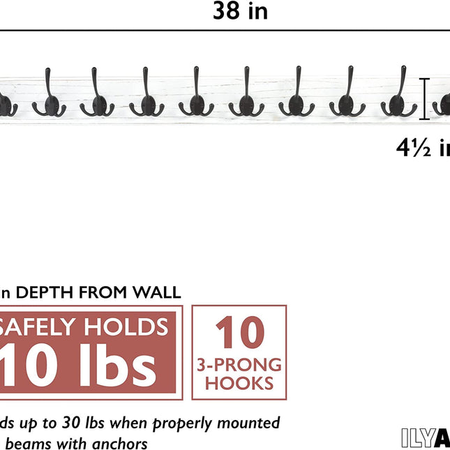 Ilyapa Wall Mounted Coat Rack, White Wooden Coat Hook Rail - 38" with 10 Tri Hooks