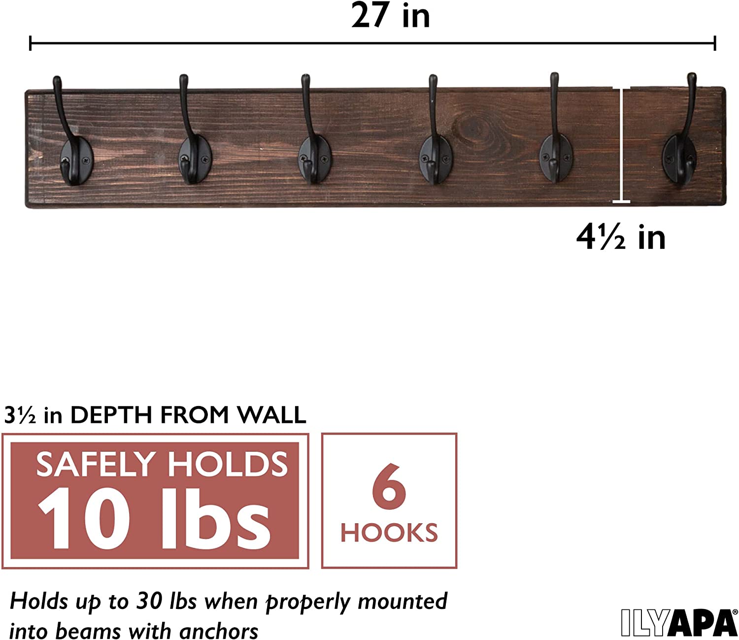 Coat Rack Railing Ilyapa Wall Mounted Coat Rack, Espresso Wooden Coat Hook Rail - 27