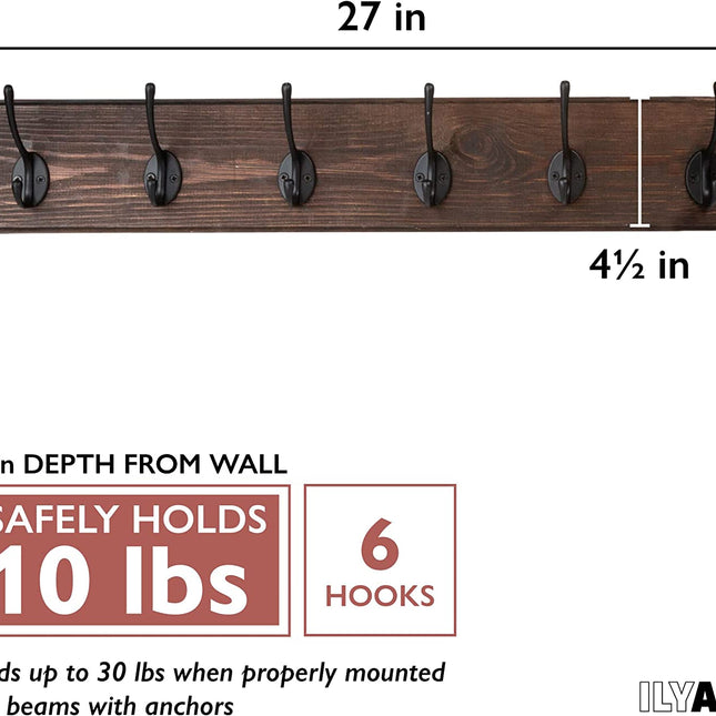 Ilyapa Wall Mounted Coat Rack, Espresso Wooden Coat Hook Rail - 27" with 6 Retro Hook