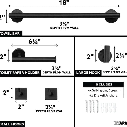Ilyapa 3 Piece Matte Black Wall Mounted Bathroom Hardware Set - Towel Bar, 1 Big Hook, 2 Small Hooks, Toilet Paper Holder, with Mounting Hardware