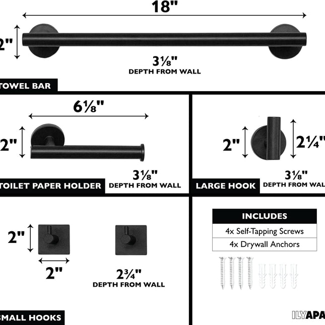 Ilyapa 3 Piece Matte Black Wall Mounted Bathroom Hardware Set - Towel Bar, 1 Big Hook, 2 Small Hooks, Toilet Paper Holder, with Mounting Hardware