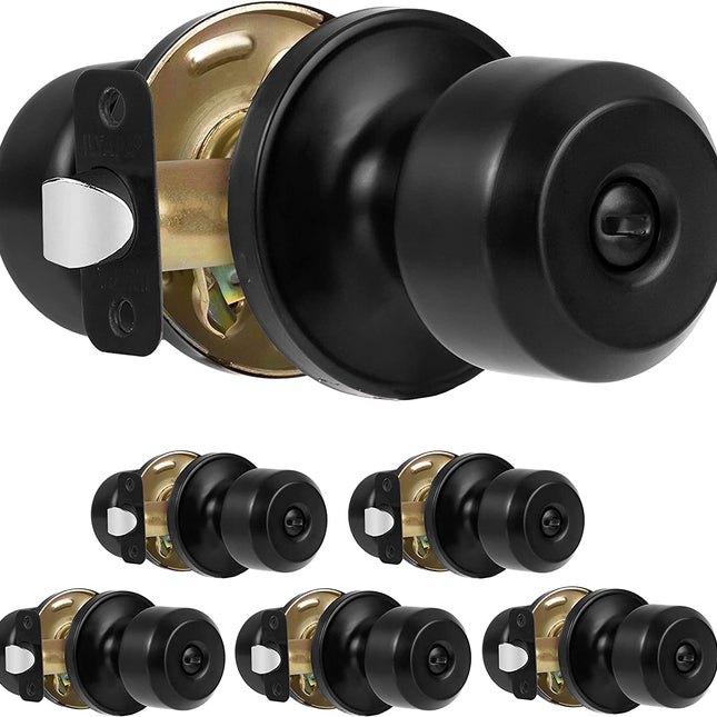 Ilyapa Privacy Door Knob for Bed/Bath - Modern Short, Black Interior Keyless Turn Thumb Locking Round Door Handle, Black