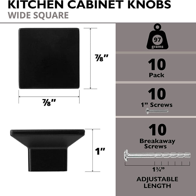 Ilyapa Wide Square Cabinet Knob, Black 10 Pack 1 inch Kitchen Cabinet Knob Drawer Pull Handle Hardware