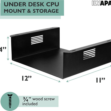 Ilyapa Under Desk CPU Mount - 4 x 12 x 11 Steel Computer Mount with Vented Sides for Home Office Desk - Includes Wood Screws