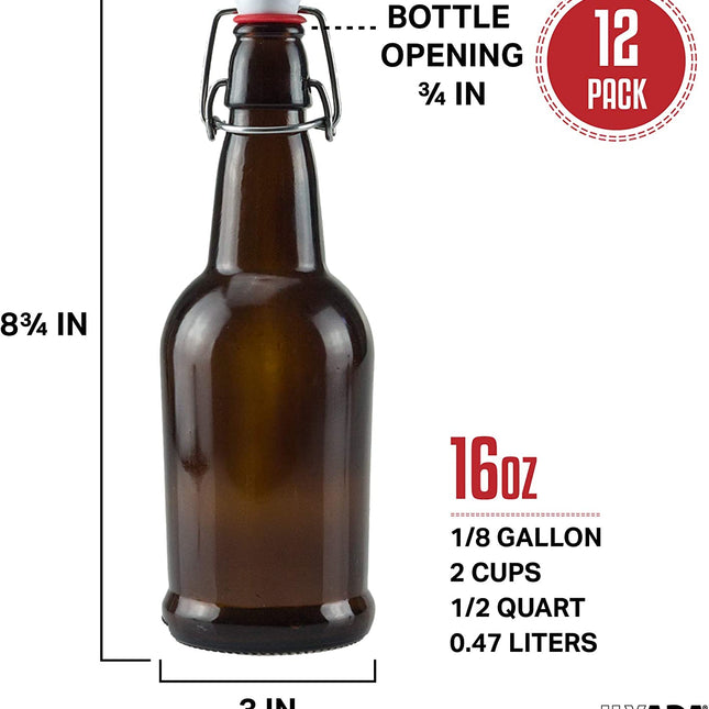 16 oz Amber Glass Beer Bottles for Home Brewing 12 Pack with Flip Caps