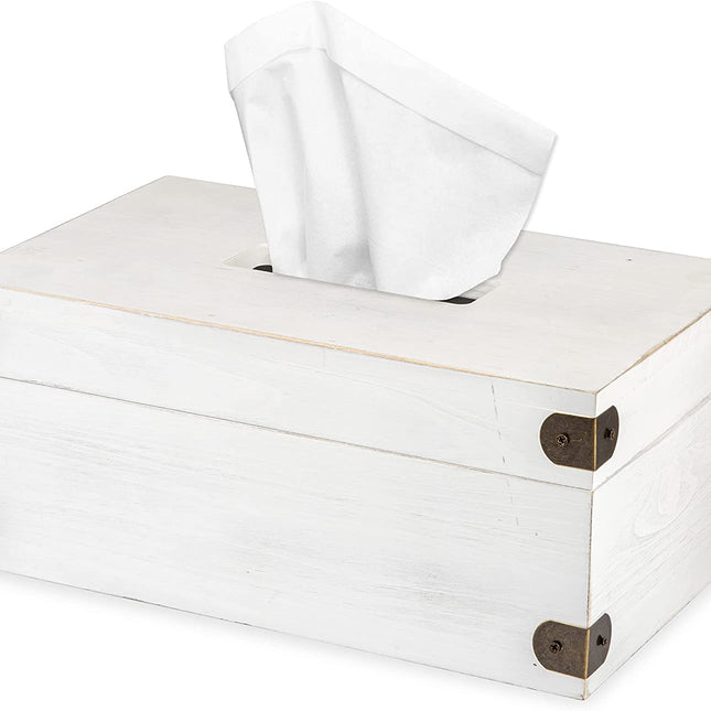 Ilyapa 10 x 6 Rustic Tissue Box Holder - Hinged Lid Tissue Dispenser for Bathroom Living Room Bedroom - White Weathered Wood