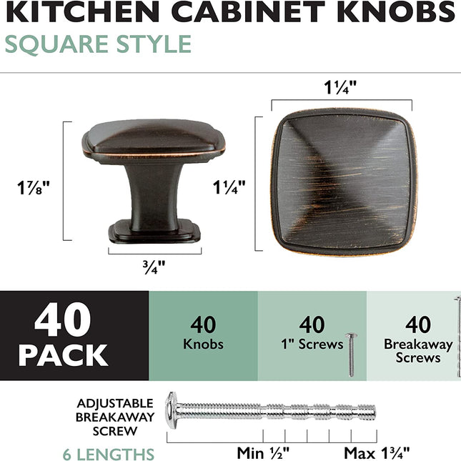 Ilyapa Oil Rubbed Bronze Square Kitchen Cabinet Knobs - 40 Pack of Drawer Handles Hardware