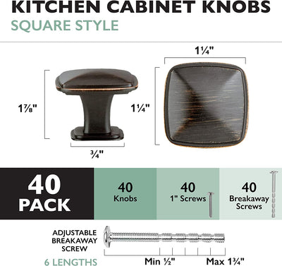Ilyapa Oil Rubbed Bronze Square Kitchen Cabinet Knobs - 40 Pack of Drawer Handles Hardware